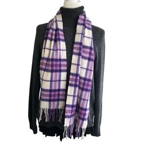 Edinburgh 100% Cashmere Scarf Purple Pink Plaid Tartan Check Fringe Warm Scarf